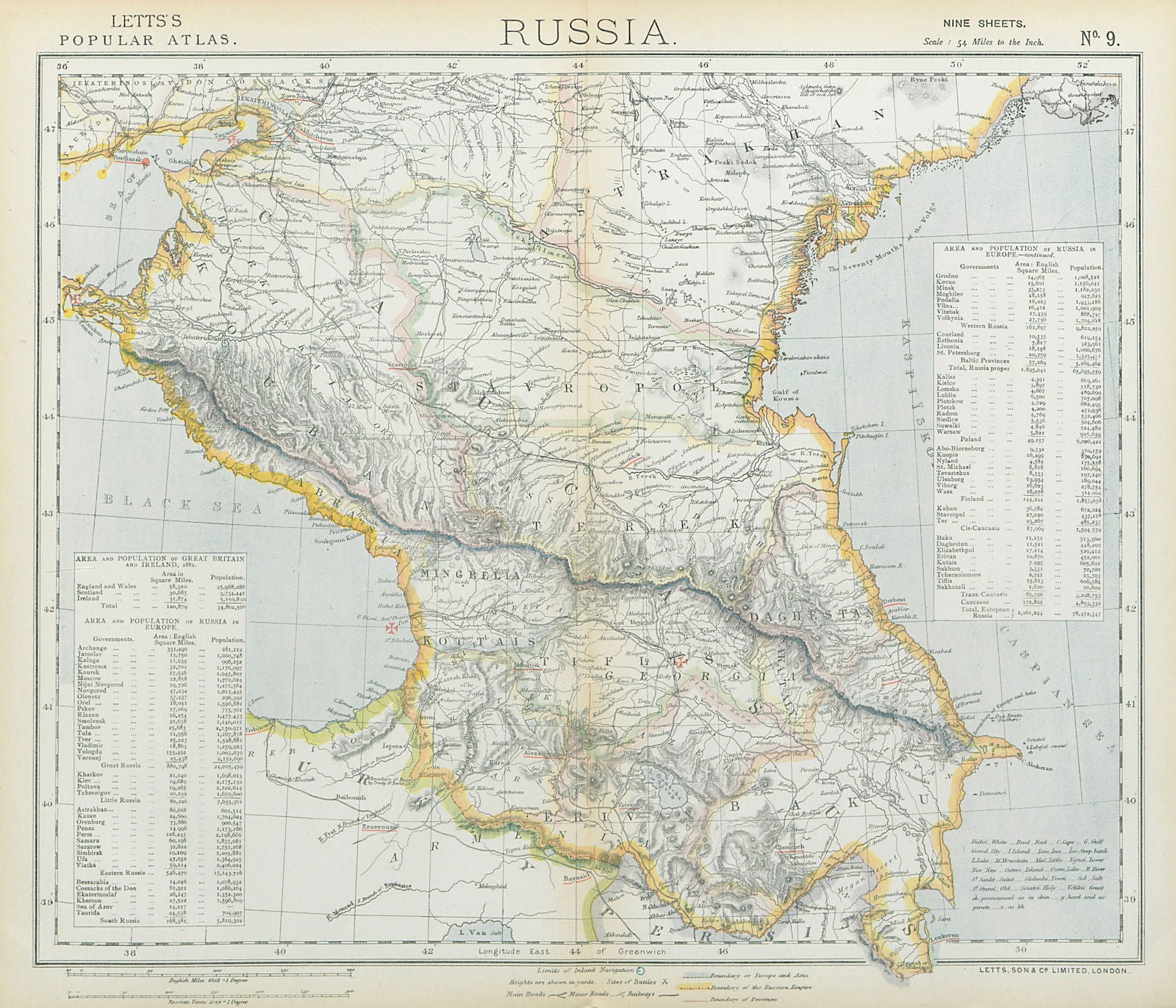 CAUCASUS. Russia Circassia Astrakhan Georgia Azerbaijan Armenia. LETTS 1883 map
